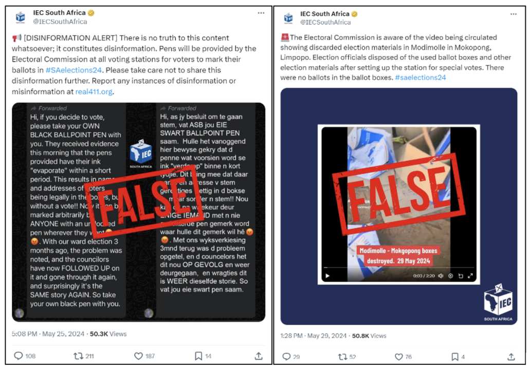 Screencaps of posts from the IEC debunking online false claims. (Source: @IECSouthAfrica /archive, left; @IECSouthAfrica / archive, right)